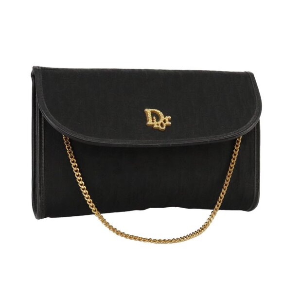 Christian Dior Trotter Canvas Chain Shoulder Bag Black Gold Auth - Picture 1 of 16
